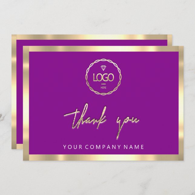 Thank You Business Insert Logo Gold Frame Purple Invitation (Front/Back)