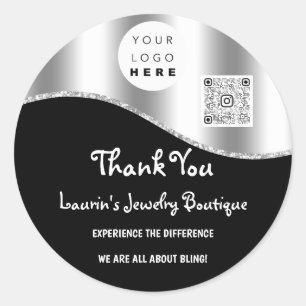 Thank You Business Name Logo Qr Code Black Silver Classic Round Sticker