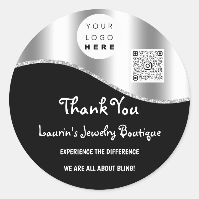 Thank You Business Name Logo Qr Code Black Silver Classic Round Sticker (Front)