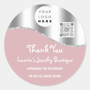 Thank You Business Name Logo Qr Code Pink Silver  Classic Round Sticker