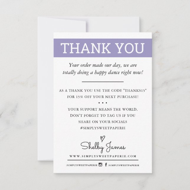 THANK YOU business order insert modern lavender Card (Front)