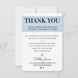 THANK YOU business order insert modern pale blue Card