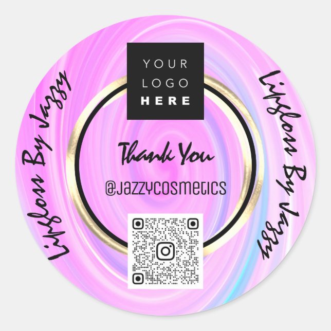 Thank You Business QR Code Logo Black Gold Pink Classic Round Sticker (Front)