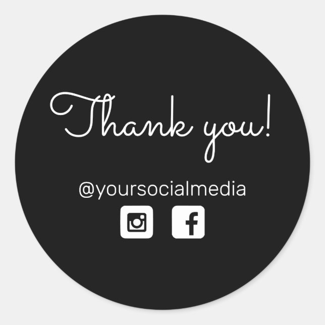 Thank you Calligraphy font w/ Social Media Black Classic Round Sticker (Front)