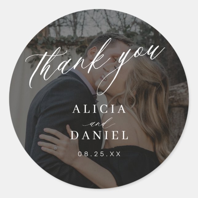 Thank you calligraphy photo wedding classic round sticker (Front)