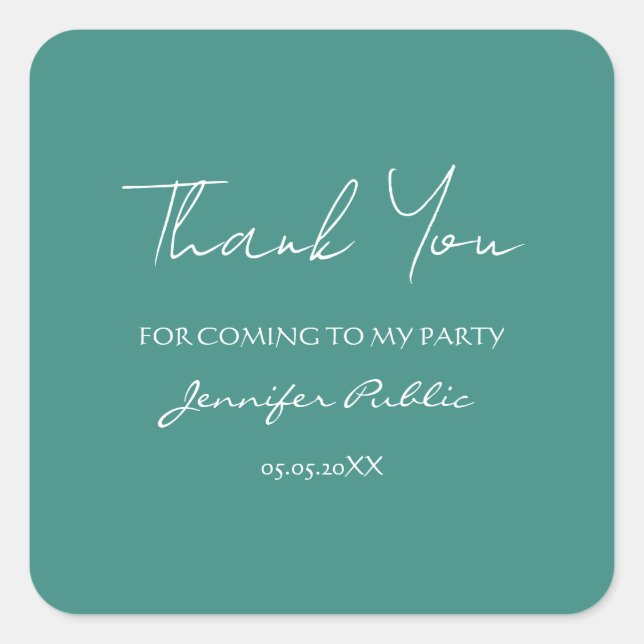 Thank You Calligraphy Text Teal Blue Green Square Sticker (Front)