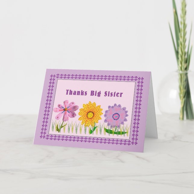 Thank You Card, Big Sister, Hand Painted Flowers (Front)