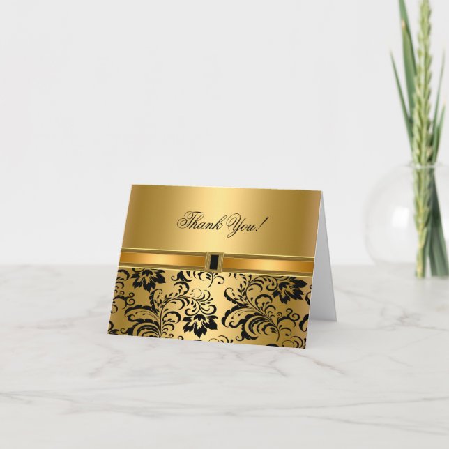 Thank You Card Black Gold Damask (Front)