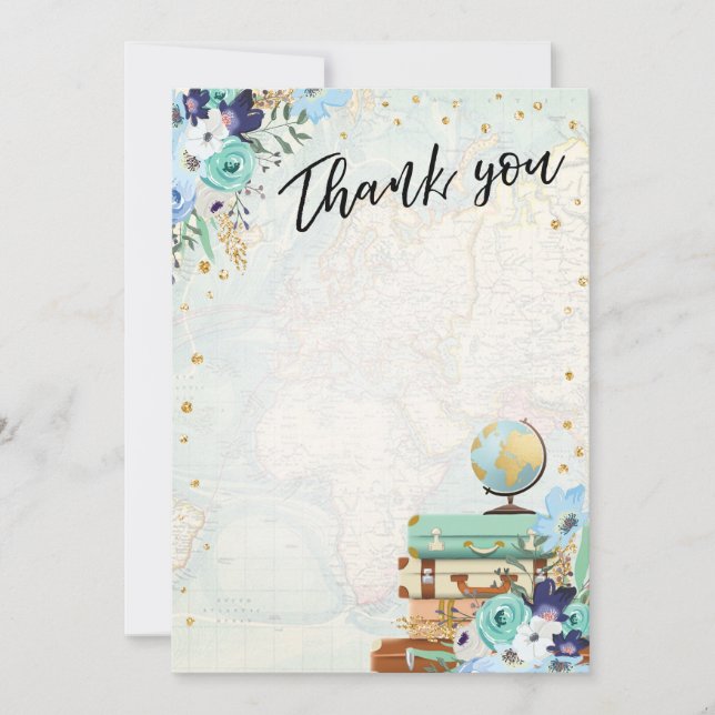 Thank you card Flowers Miss to Mrs Travel Blue (Front)
