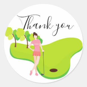 Thank you card for golfer with Lady woman golfer Classic Round Sticker