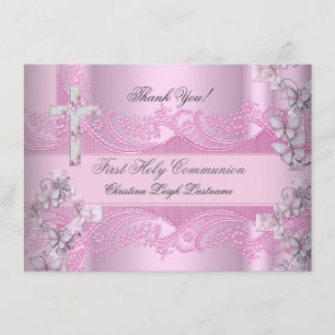 Thank You Card Girl First Holy Communion Lace Pink