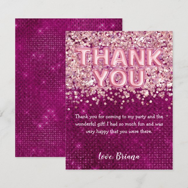 Thank You Card Girly Magenta Pink Glitter Balloons (Front/Back)