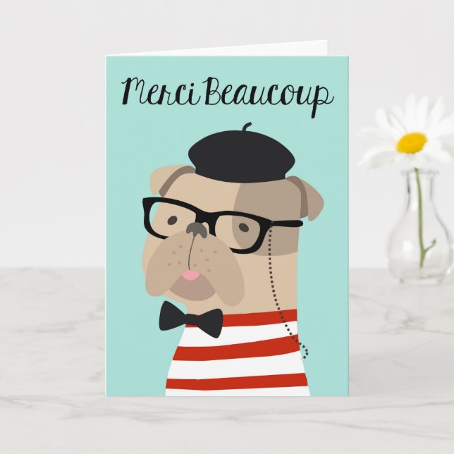 Thank You Card in French - Frenchie Bulldog Merci (Small Plant)