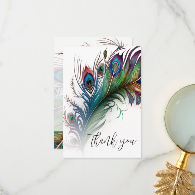 Thank You Card Peacock Feather Design (Front/Back In Situ)