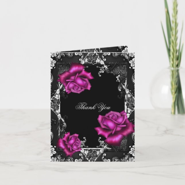 Thank You Card Pink Roses Black Silver (Front)