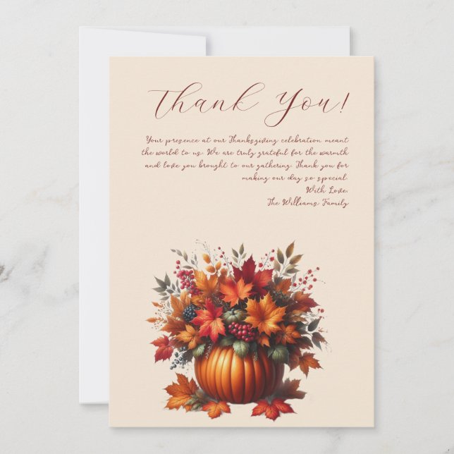 Thank You Card-Pumpkin with Fall Leaves Invitation (Front)
