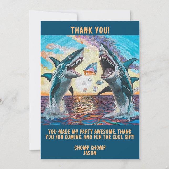 Thank you Card- Sharks Breaching for Shiny Gems- Invitation (Front)