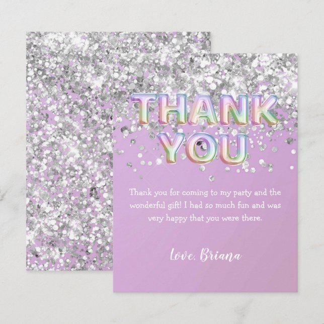 Thank You Card Silver Glitter Rainbow Balloons (Front/Back)