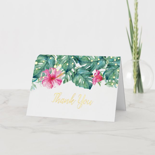 Thank You Card Tropical Leaves Pink Florals (Front)
