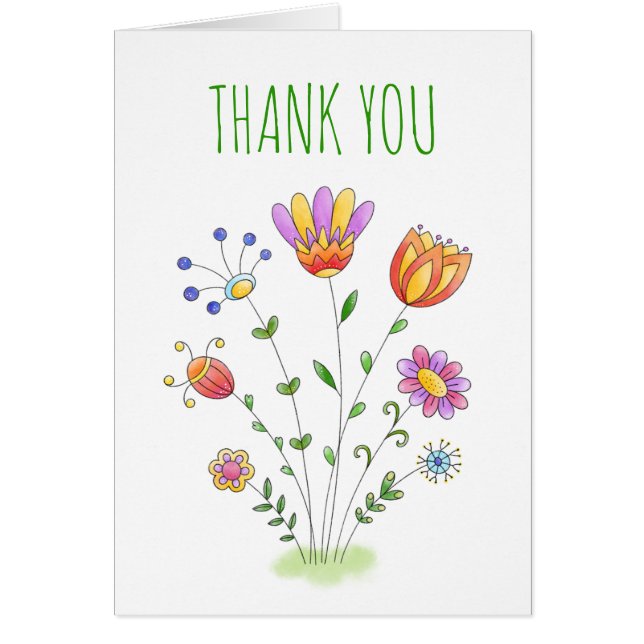 Thank You Card With Hand Drawn Doodle Flowers (Front)