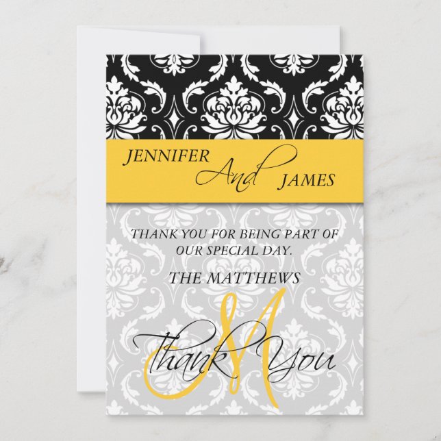 Thank You Cards Damask Monogram Name Yellow (Front)