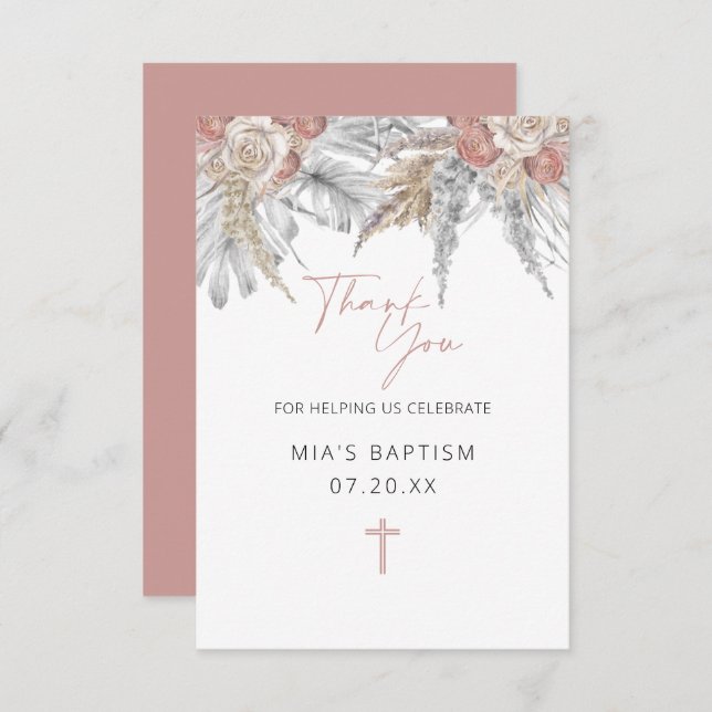 Thank You Cards for Baptism | Pink Floral Boho (Front/Back)