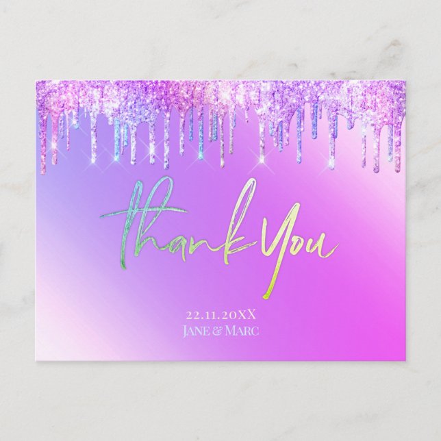Thank You Cards Holographic purple Glitter Drips (Front)