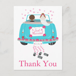 Thank You Cartoon Bride Groom Blue Pink Wedding Postcard
