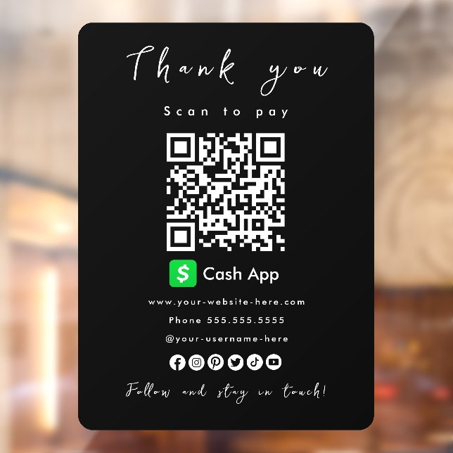 Thank You Cash App QR Code Scan to Pay Black Window Cling (Sheet 2)