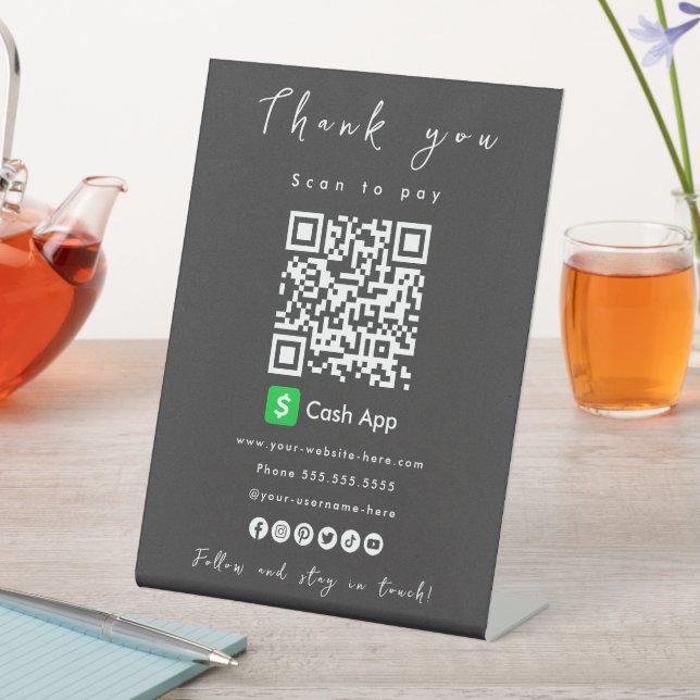 Thank You Cash App QR Code Scan to Pay Soft Black Pedestal Sign (In SItu)