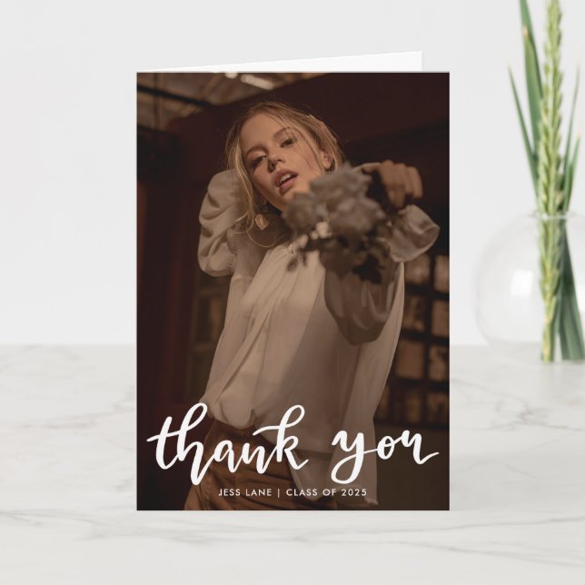Thank You Casual Script Handwritten Graduate Photo Card (Front)