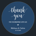Thank you, celebrating with us, Wedding Gifts Classic Round Sticker<br><div class="desc">Thank you for celebrating with us stickers. It is a perfect sticker to used in your wedding or other celebration,  e.g.,  Birthday party,  Anniversary celebration,  Baby shower,  wedding rehearsal,  gifts for guests,  favour stickers,  and others. Minimalist modern Navy Blue.</div>