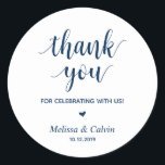 Thank you, celebrating with us, Wedding Gifts Classic Round Sticker<br><div class="desc">Thank you for celebrating with us stickers. It is a perfect sticker to used in your wedding or other celebration,  e.g.,  Birthday party,  Anniversary celebration,  Baby shower,  wedding rehearsal,  gifts for guests,  favour stickers,  and others. Minimalist modern Navy Blue.</div>