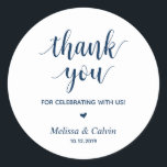 Thank you, celebrating with us, Wedding Gifts Classic Round Sticker<br><div class="desc">Thank you for celebrating with us stickers. It is a perfect sticker to used in your wedding or other celebration,  e.g.,  Birthday party,  Anniversary celebration,  Baby shower,  wedding rehearsal,  gifts for guests,  favour stickers,  and others. Minimalist modern Navy Blue.</div>