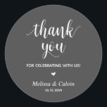 Thank you, celebrating with us, Wedding Gifts Classic Round Sticker<br><div class="desc">Thank you for celebrating with us stickers. It is a perfect sticker to used in your wedding or other celebration,  e.g.,  Birthday party,  Anniversary celebration,  Baby shower,  wedding rehearsal,  gifts for guests,  favour stickers,  and others. Dark Grey font.</div>