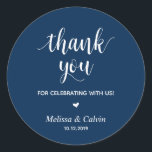 Thank you, celebrating with us, Wedding Gifts Classic Round Sticker<br><div class="desc">Thank you for celebrating with us stickers. It is a perfect sticker to used in your wedding or other celebration,  e.g.,  Birthday party,  Anniversary celebration,  Baby shower,  wedding rehearsal,  gifts for guests,  favour stickers,  and others. Navy Blue font.</div>