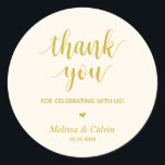 Thank you, celebrating with us, Wedding Gifts Classic Round Sticker<br><div class="desc">Thank you for celebrating with us stickers. It is a perfect sticker to used in your wedding or other celebration,  e.g.,  Birthday party,  Anniversary celebration,  Baby shower,  wedding rehearsal,  gifts for guests,  favour stickers,  and others. Minimalist modern Yellow Gold.</div>