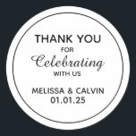 Thank you, celebrating with us, Wedding Gifts Classic Round Sticker<br><div class="desc">Add a touch of elegance to your wedding celebration with these personalized round white stickers. Featuring the initials of the bride and groom, these stickers are perfect for sealing invitations, decorating favours, or adding a personal touch to any aspect of your wedding. The classic round shape and clean white background...</div>