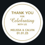 Thank you, celebrating with us, Wedding Gifts Classic Round Sticker<br><div class="desc">Add a touch of elegance to your wedding celebration with these personalized round white stickers. Featuring the initials of the bride and groom, these stickers are perfect for sealing invitations, decorating favours, or adding a personal touch to any aspect of your wedding. The classic round shape and clean white background...</div>