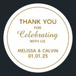 Thank you, celebrating with us, Wedding Gifts Classic Round Sticker<br><div class="desc">Add a touch of elegance to your wedding celebration with these personalized round white stickers. Featuring the initials of the bride and groom, these stickers are perfect for sealing invitations, decorating favours, or adding a personal touch to any aspect of your wedding. The classic round shape and clean white background...</div>