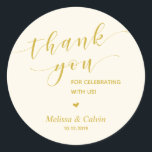 Thank you, celebrating with us, wedding rehearsal classic round sticker<br><div class="desc">Thank you for celebrating with us stickers. It is a perfect sticker to used in your wedding or other celebration,  e.g.,  Birthday party,  Anniversary celebration,  Baby shower,  wedding rehearsal,  gifts for guests,  favor stickers,  and others.
Minimalist modern Yellow Gold</div>