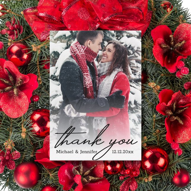thank you chic calligraphy winter photo wedding  card (Creator Uploaded)