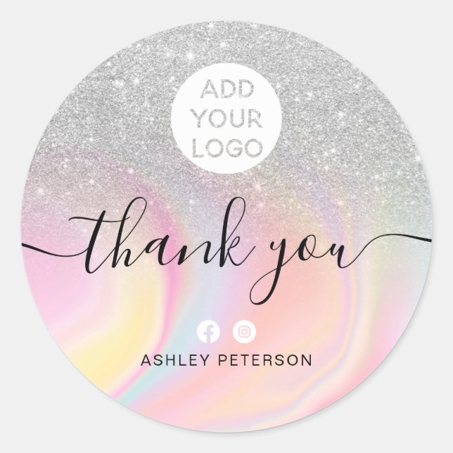 Thank you chic silver glitter marble media logo classic round sticker (Front)