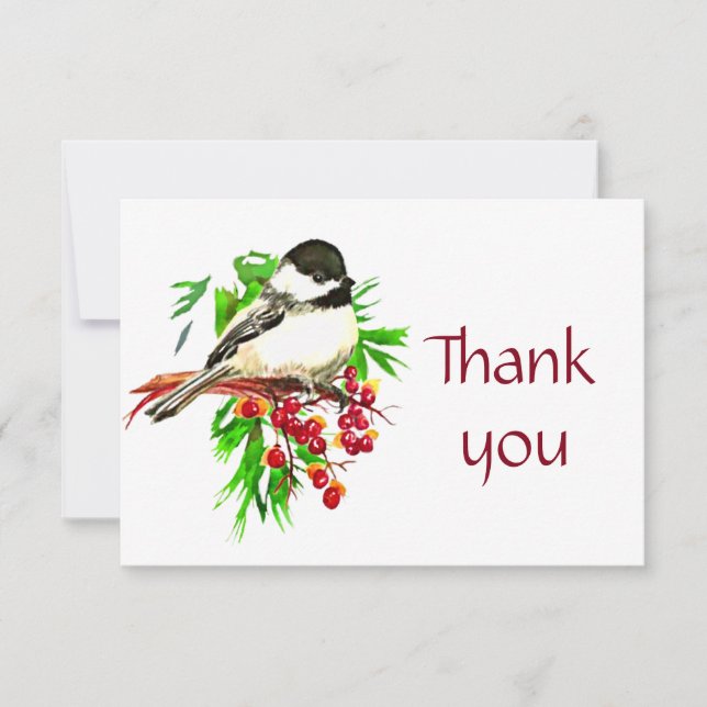 Thank You Christmas Chickadee Cute Bird Card (Front)