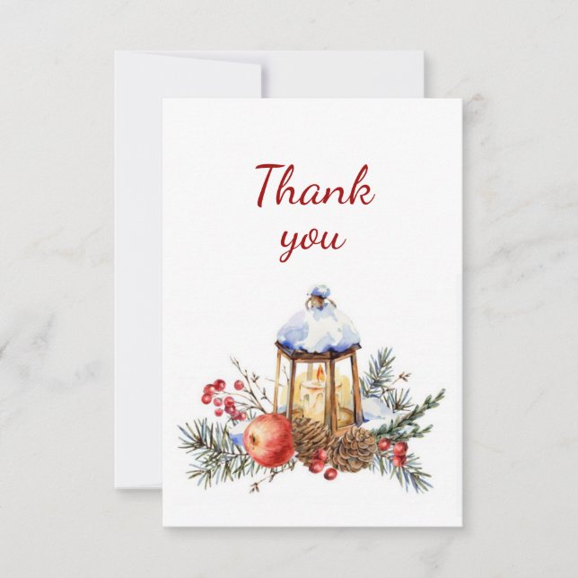 Thank You Christmas Lantern Holly Botanical  Card (Front)