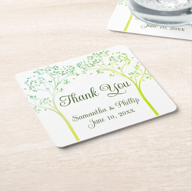 Thank you coaster wedding favour green tree (Angled)