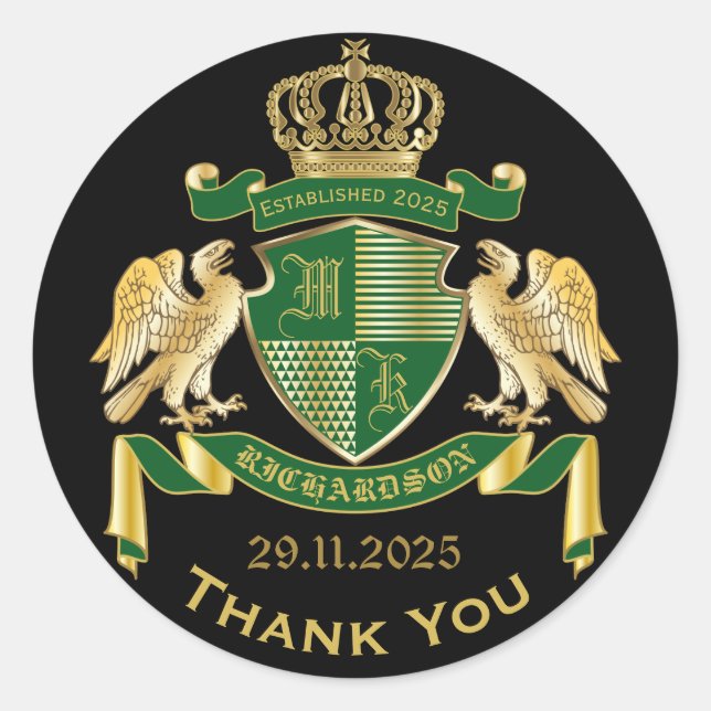 Thank You Coat of Arms Green Gold Eagle Emblem Classic Round Sticker (Front)