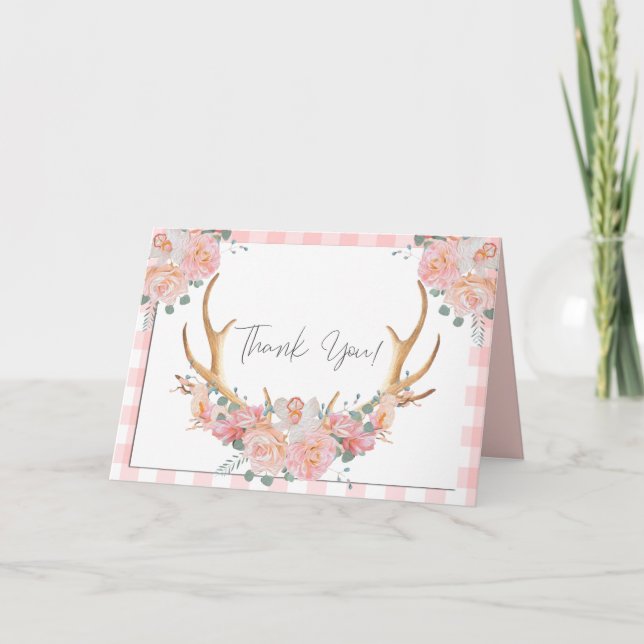 Thank You | Coral Gingham BOHO Floral Antlers (Front)