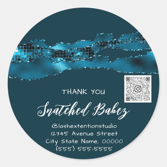 Thank You Cosmetic Logo QR Code Faver Teal Blue Classic Round Sticker (Front)