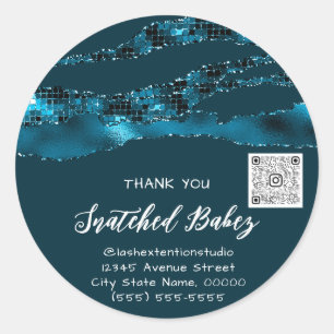 Thank You Cosmetic Logo QR Code Glitter Blue Teal Classic Round Sticker